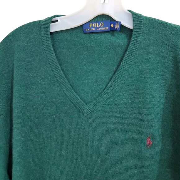 Polo Ralph Lauren Sweater Mens XL 100% Merino Wool Italian V Neck Forest Green - Picture 1 of 11